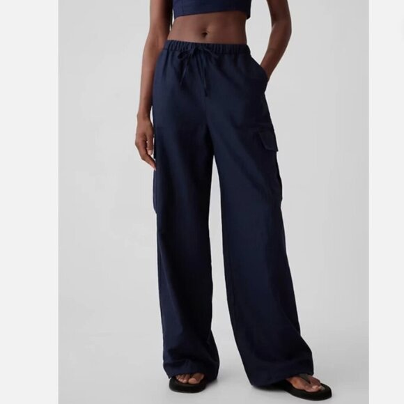 GAP Linen-Cotton Cargo Pull On Wide Leg Pants SMALL TALL Black #855963 RT$80 - Picture 2 of 9